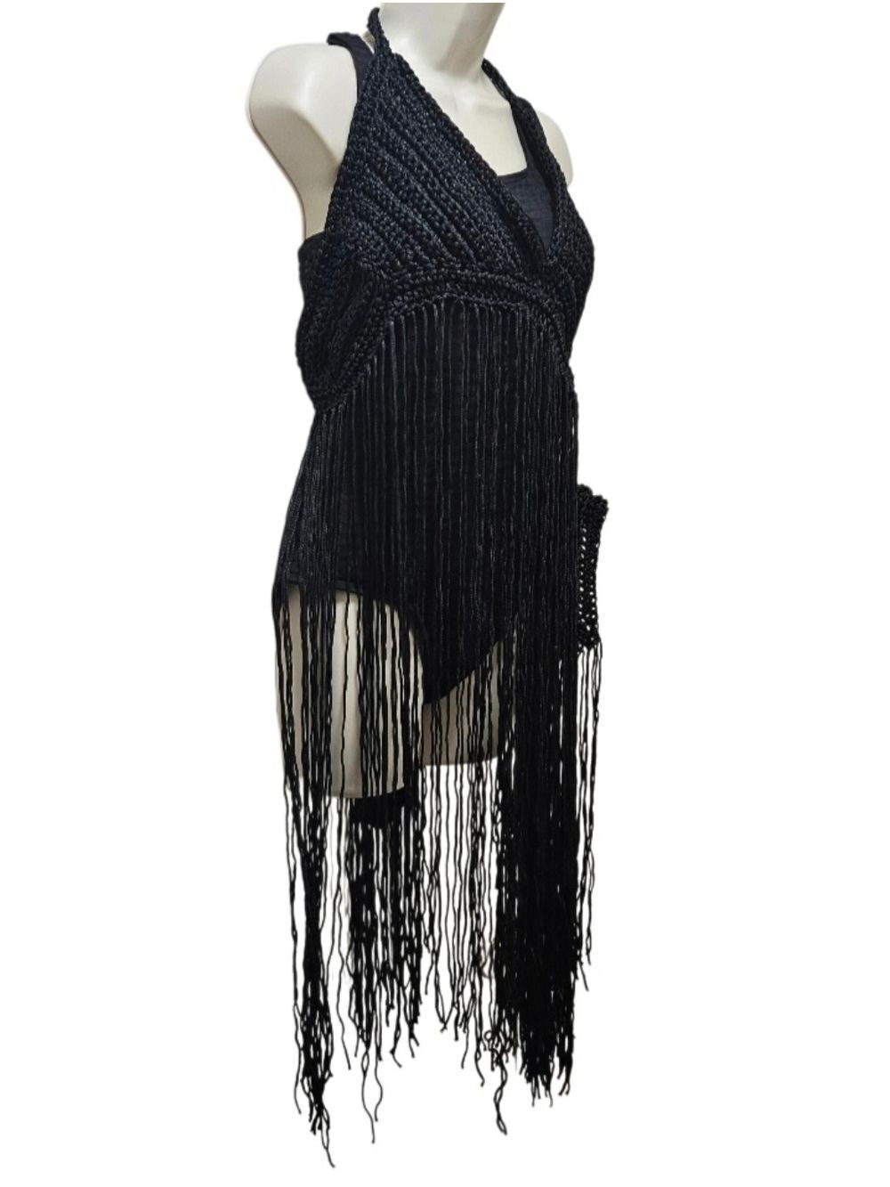 BLACK HAND CRAFTED CROCHET FRINGE HALTER TOP VNECK 2-WAY FESTIVAL BEACH COVER UP - Picture 8 of 17